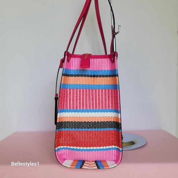 KATE SPADE Market Striped Woven Straw Medium Tote Bag-Wild Raspberry Multi ⭐ - Picture 8 of 16